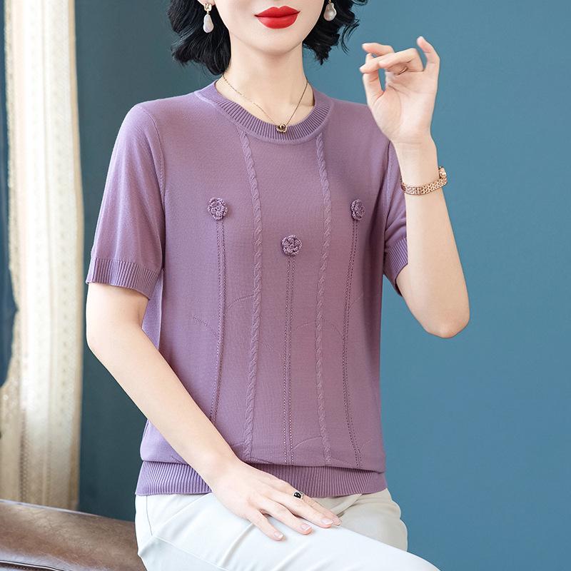 

Ice Silk Lyocell Loose Fit Summer Top for Middle-Aged Women - Short Sleeve Stylish Knit Tee 2XL (110-120 jin) фіолетовий