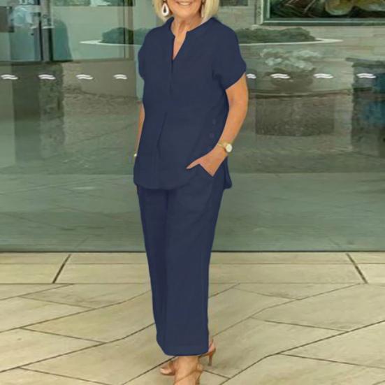 2 Stück/Set Damen Top Hosen Set V-Ausschnitt Einfarbig Kurze Ärmel