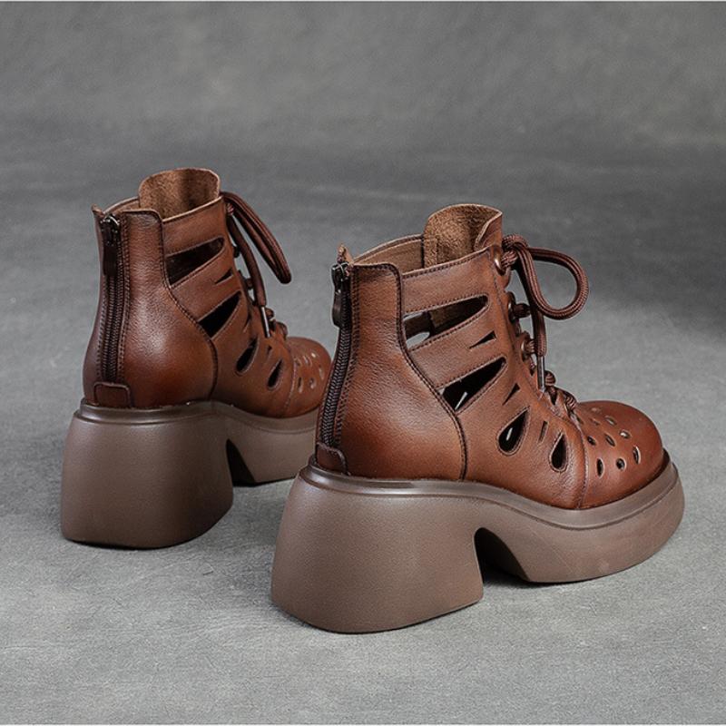 Johnature Retro Genuine Leather Thick Sole Lace-up Roman Sandals 2023 Summer New Round Toe Hollowed Out Thick Heeled Women Shoes