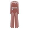 Damen Lyrical Dance Outfits Laternenärmel Rückenfreies Crop Top Eingearbeiteter Slip Netzhose Fließende Tanzbekleidung