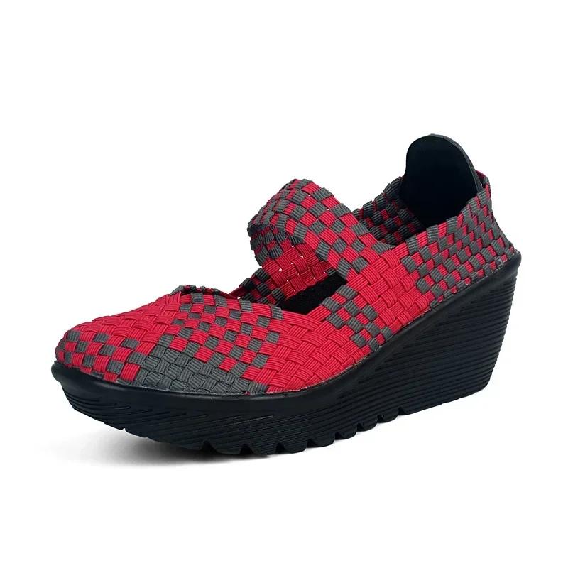 Keilabsatz-Plateau-Websandalen Mode Peep Toe Bequem Atmungsaktiv Mama-Schuhe Damen Casual Dicke Sohle Sandalias Mujer 2024