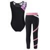 Girls Sleeveless Printed Patchwork Leotard Colorblock Leggings Gymnastics Sports Performance Outfit