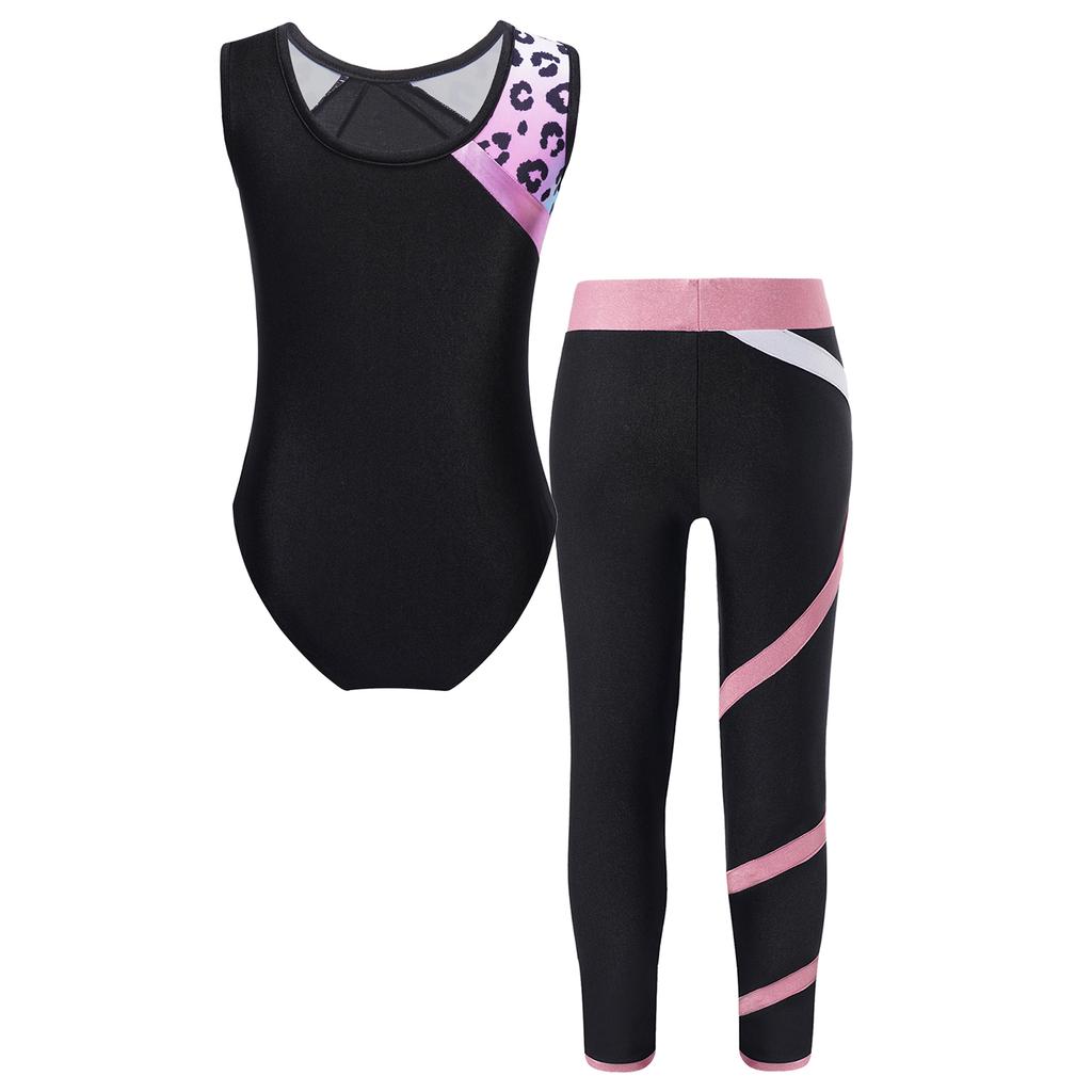 Girls Sleeveless Printed Patchwork Leotard Colorblock Leggings Gymnastics Sports Performance Outfit