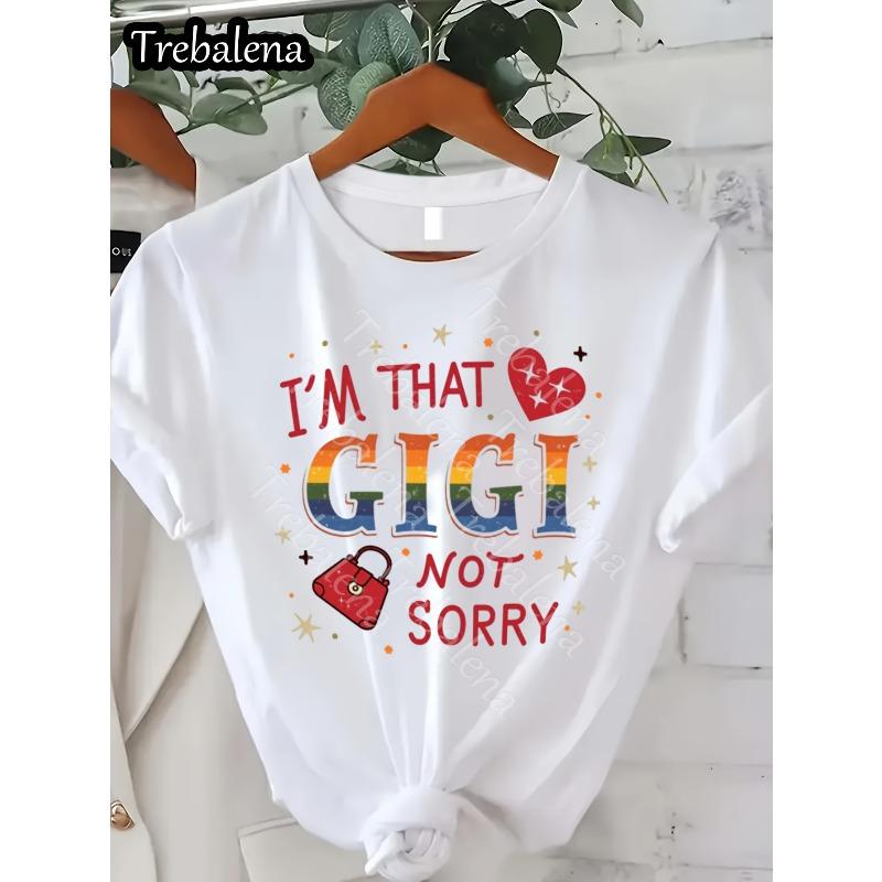 

European size , GIGI Text Print Women s T-Shirt Casual Round Neck Spring/ Summer Top Short Sleeve 4XL білий