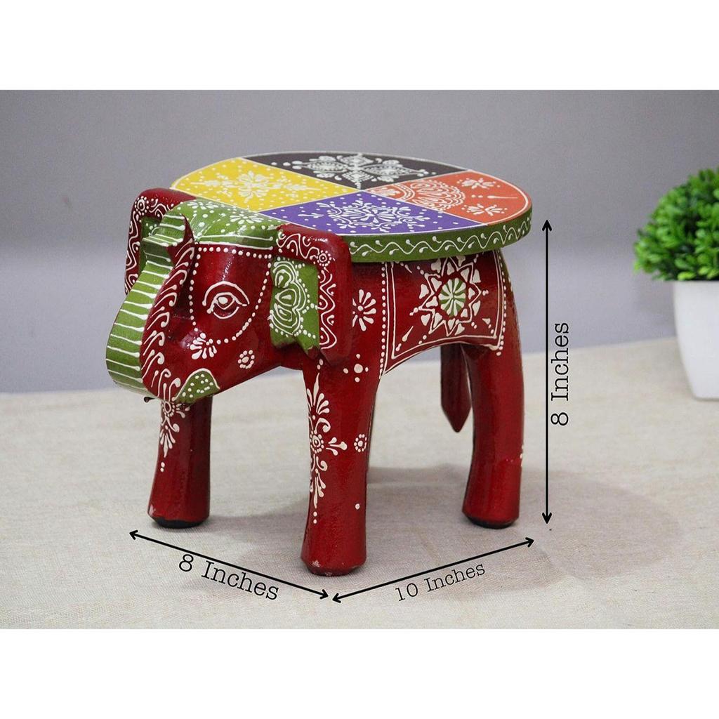 Handcrafted and Hand-Painted Colorful Wooden Elephant Stool/Side Table for Home/Office/Living or Bedroom Decor (Maroon)