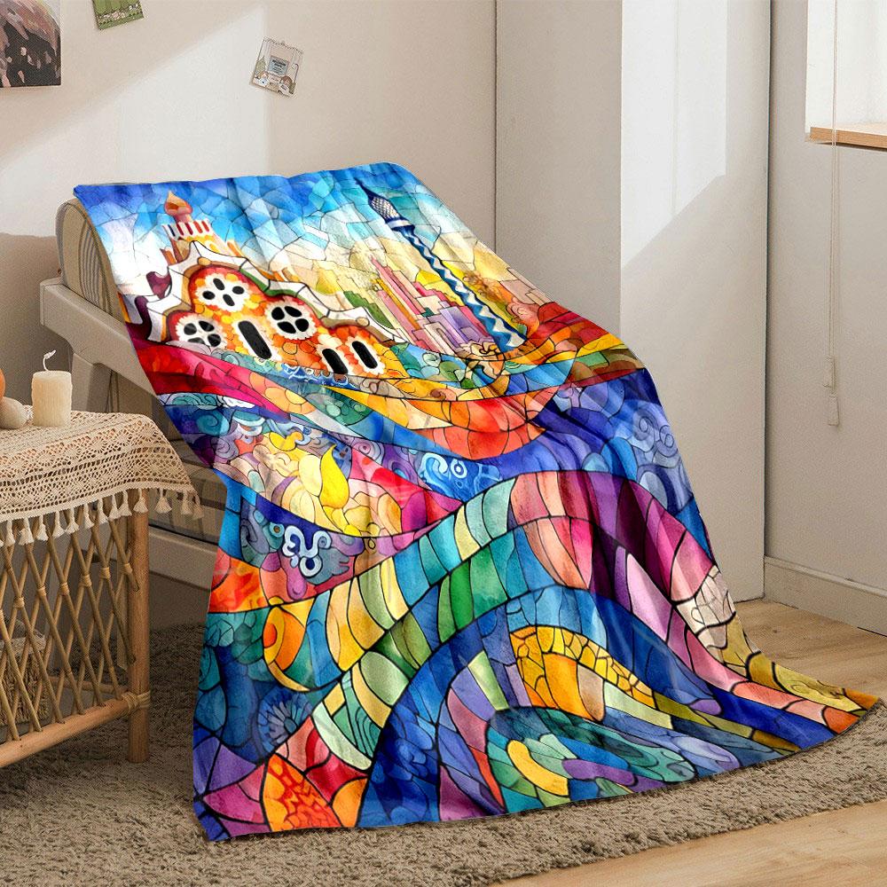 A vibrant stained glass design with curving patterns and architectural forms. for all seasons blanket lunch break throw gift