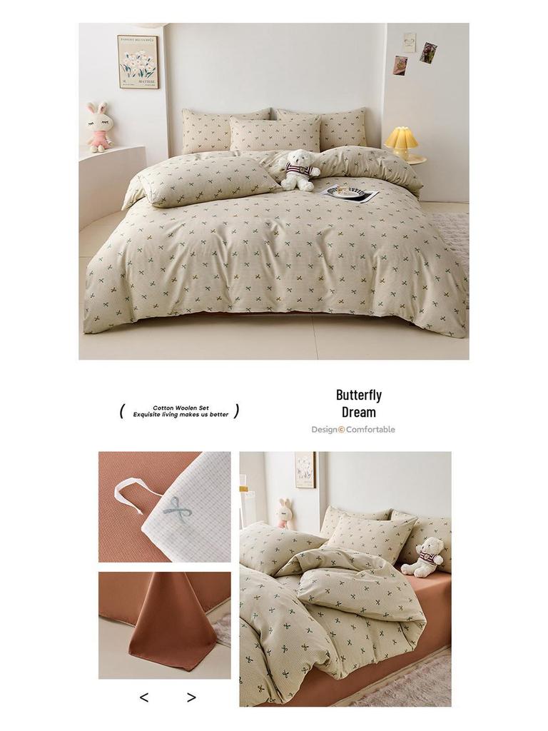 Elegant High-Weight Knit Cotton Floral Four-Piece Bedding Set – Skin-Friendly, Available In Single/Double Sizes.