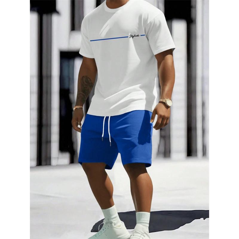 Męski Letni Zestaw Krótkich Spodenek z Krótkim Rękawem z Nadrukiem Krzyża Casualowy Modny Temperament 2-częściowy Streetowy Sesja Wakacyjny Zestaw T-shirtu z Okrągłym Dekoltem