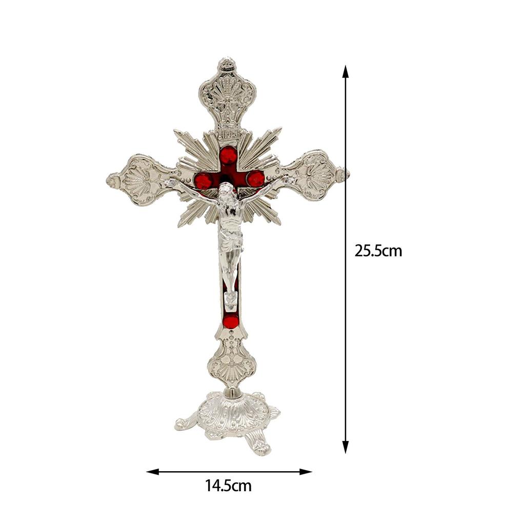Standing Crucifix Catholic Small Religious Decorative Metal 10 Inches Crucifix with Stand for Altar Shelf Home Tabletop Ornament