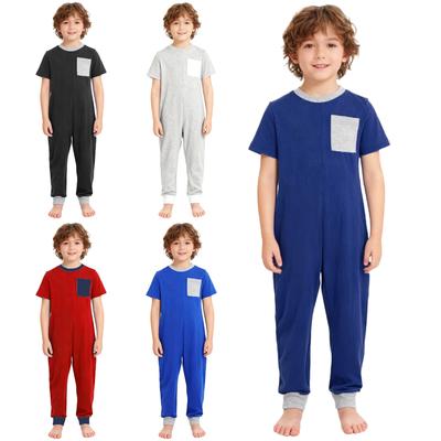 Unisex Kinder Adaptive Kleidung Rundhals Kurzarm Rücken Unsichtbarer Reißverschluss Kontrastfarbe Jumpsuit