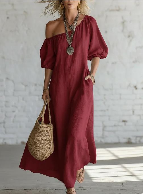 Women Elegant Off Shoulder Lantern Sleeve Loose Solid Color Vacation Long Dress