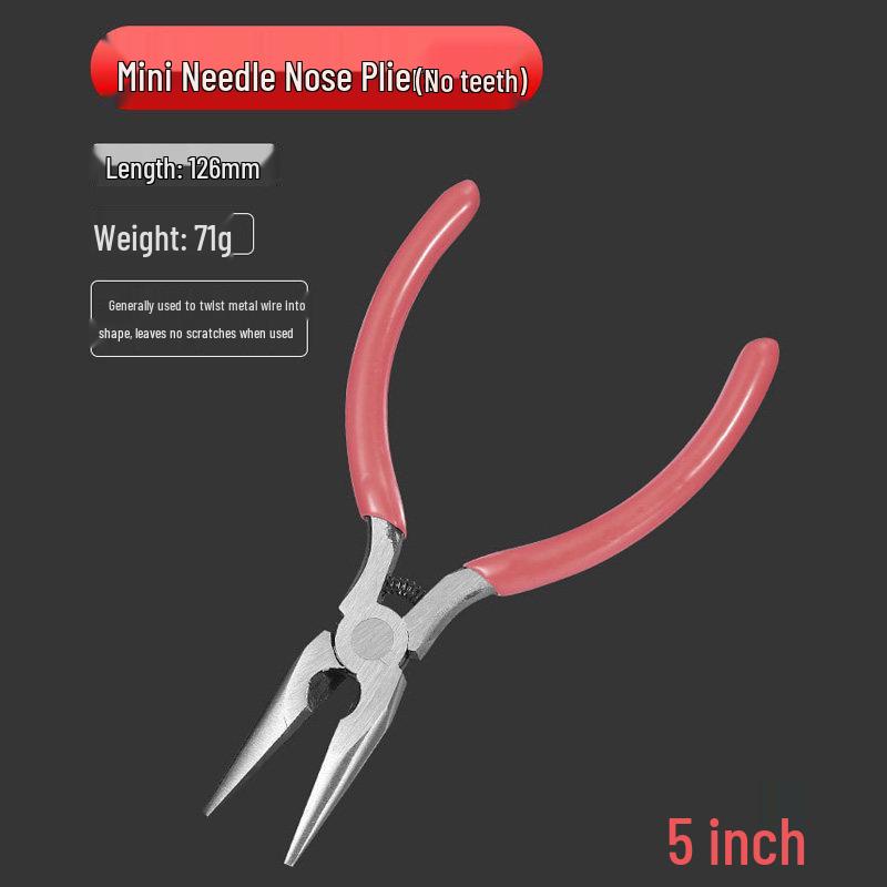 Pink DIY Multifunctional Jewelry Pliers Set: 5" Needle-Nose, Round-Nose, and Angled Pliers. Ideal for crafting and detailed work.