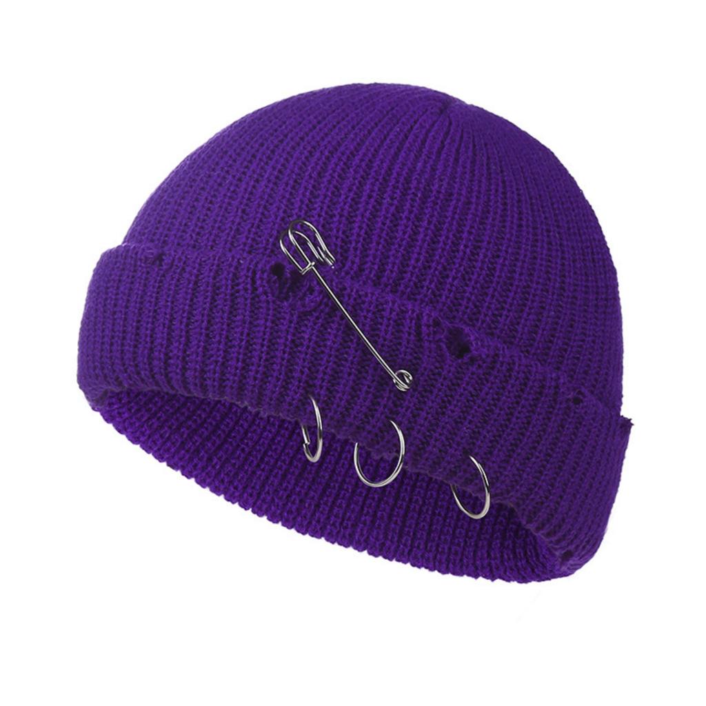 Fall And Winter Trendy Solid Color Safety Pin Iron Ring Knitted Wool Hat, Vintage Holey Pullover Wool Hat