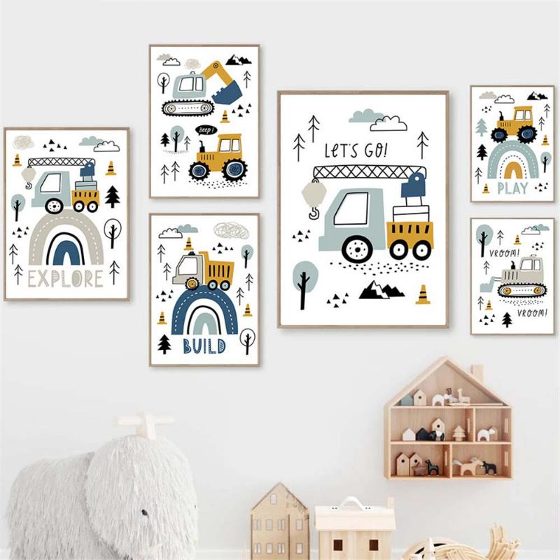 Kreslený Jeřáb Bagr Traktor Nákladní plakát Nástěnné umění Obraz na plátně Dětská školka Chlapci Obrázky Nordic Wall Print Room Decor