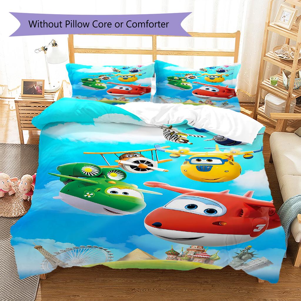 Super Wings Vzor Povlečení Sada Prošívaných Dek Quilt Cover Povlak na Polštář Domácí Dekorace Dárek (1 * povlak na peřinu + 2 * povlak na polštář, bez jádra)
