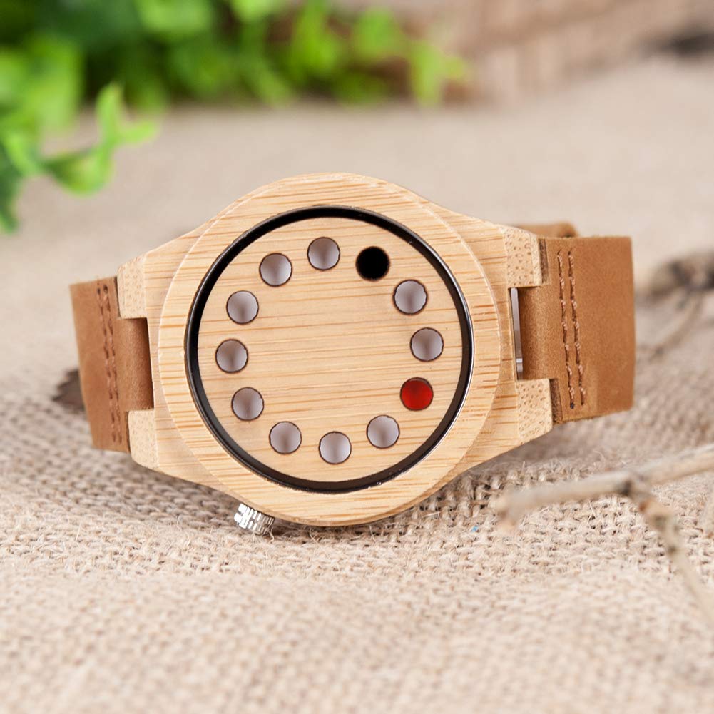 BOBO BIRD Herren Bambusuhr, Schwarzes Lederarmband, 12-Loch Timer-Design, Sportlich-Legere Uhr, Braunes Katzenauge, Klassisch
