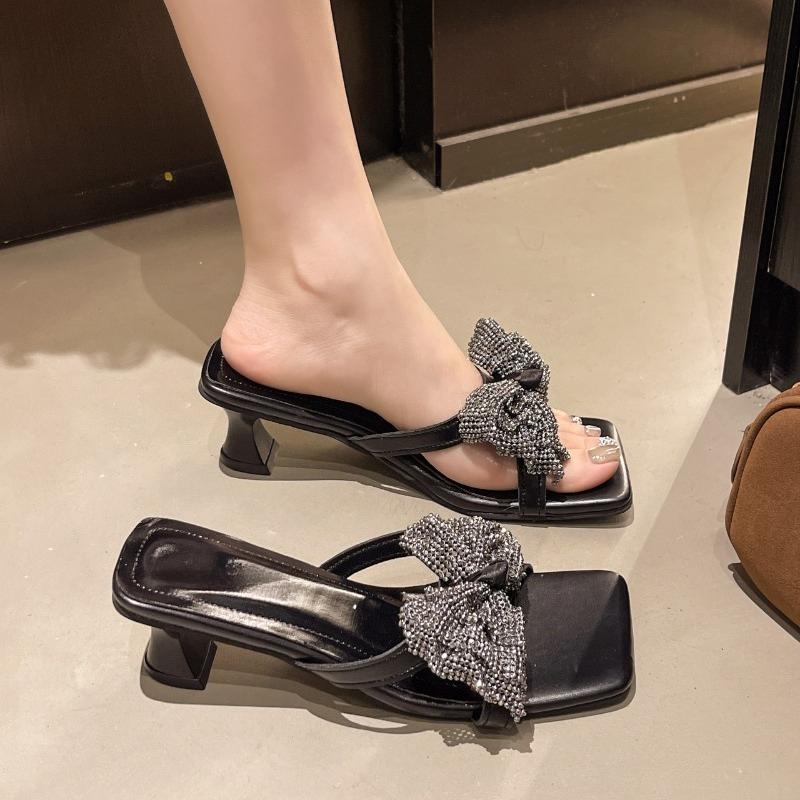 Fashion Bling Bow High Heels Women Sandals Square Toe Slippers Woman Shoes Summer 2025 Brand New Chunky Shoes Flip Flops Sexy Pumps