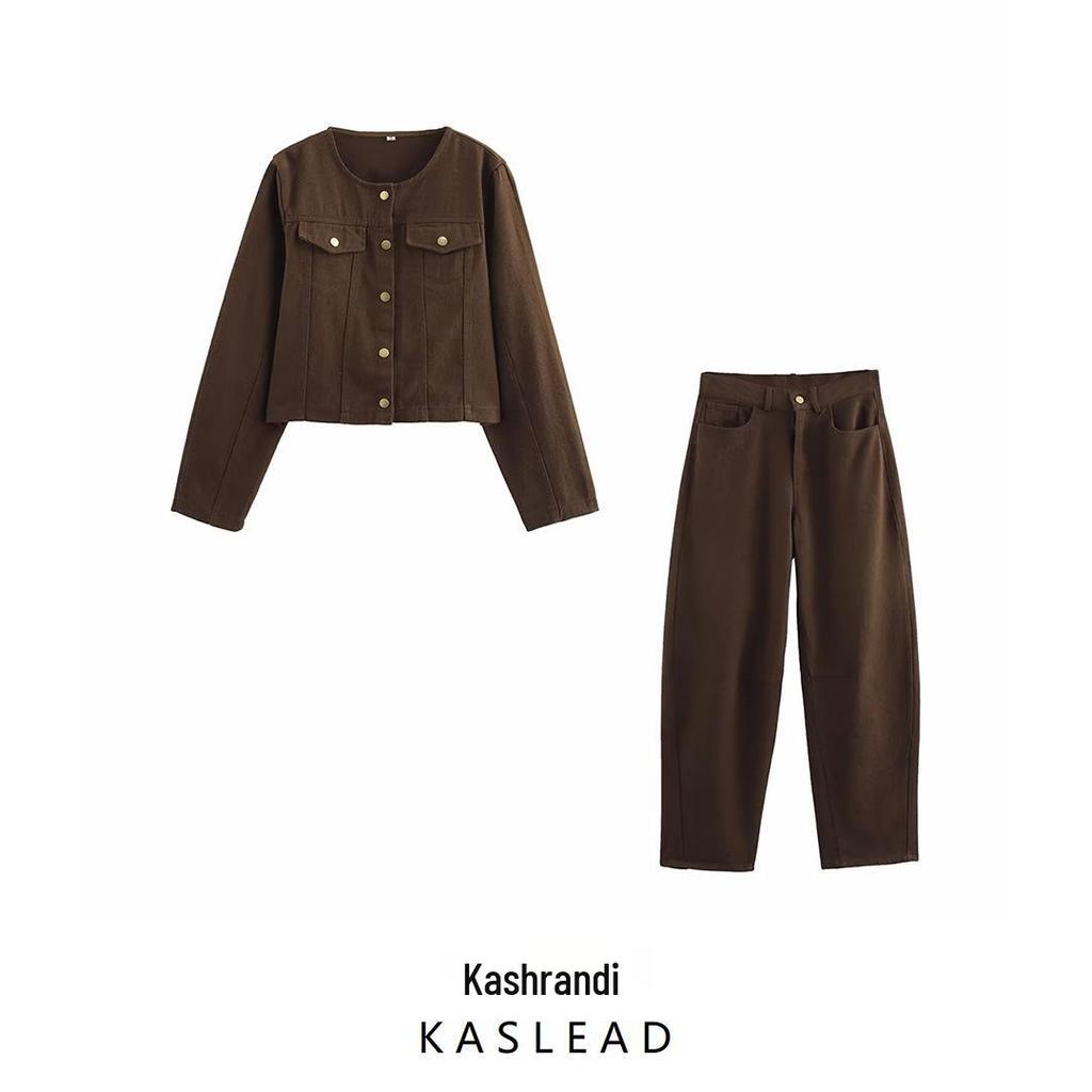 2025 Spring Women's European & American Style Brown Crew Neck Jacket and High Waist Pants Set