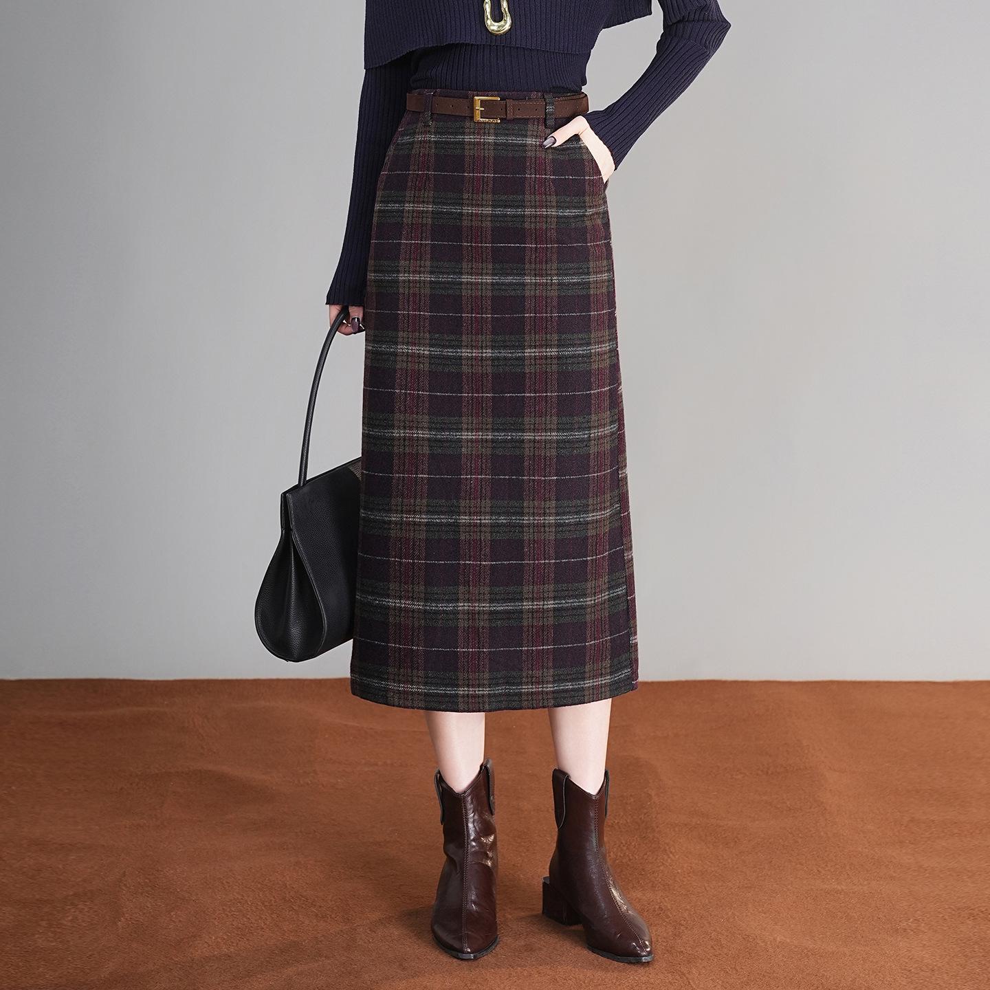 

Plaid Wool Blend Split Pencil Skirt - 2025 Winter Mid-Length Vintage Style M