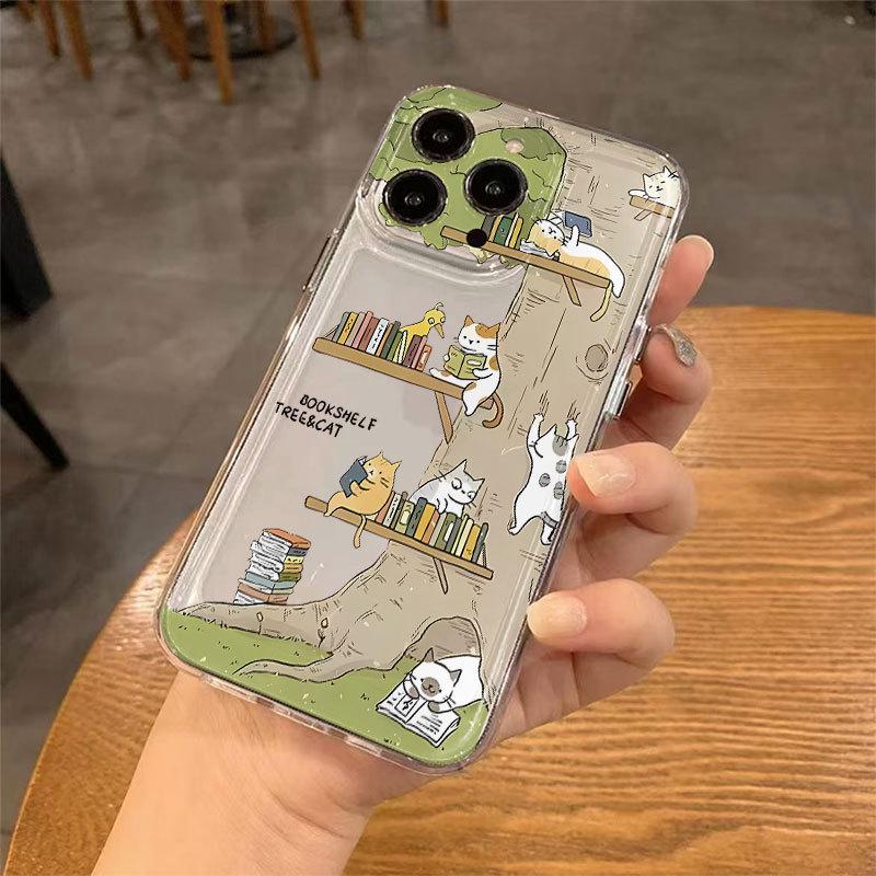 Tree Cat Reading Book Full Coverage Case for iPhone 16Pro Max/15/14/13/12/11, Drop-Proof Xsm