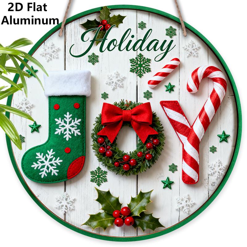 

2D Flat Joy Aluminium Christmas Sign with Christmas Stocking Pattern - Navidad Figurine Ornaments - Ideal for Front Door, Wall, Porch, Fence Decor 7.87×7.87inch