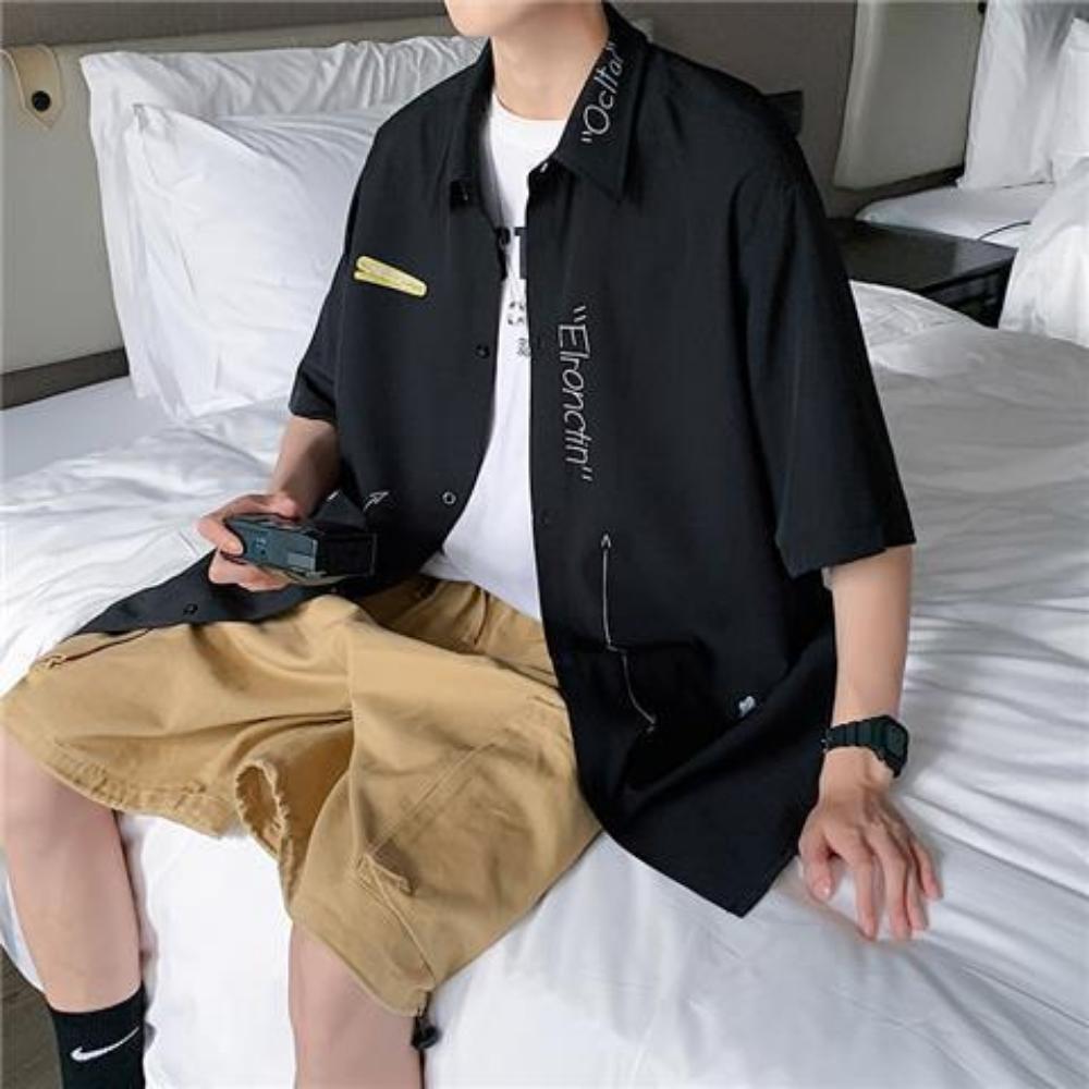 

Мужская футболка с коротким рукавом из ледяного шелка, модный бренд, летняя, высококлассная, рукав три четверти, модная, стильная и красивая 4XL чёрный