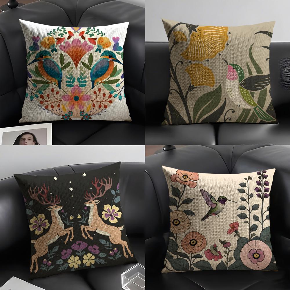 2 Natürliche Pflanzen-, Vogel- und Blumen-Drucke Kissenbezug Heim Wohnzimmer Dekoration Leinen Kissenbezug Kissenbezüge Kissenbezug