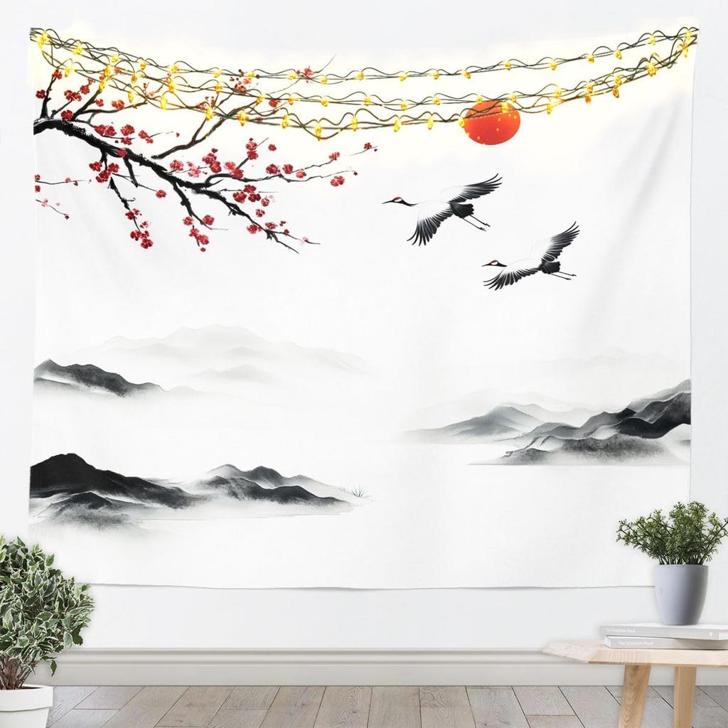 Cherry Blossom Tapestry Japanese Style Wall Art for Living Room Bedroom Chinese Ink Painting Wall Hanging Blanket Plum Blossom