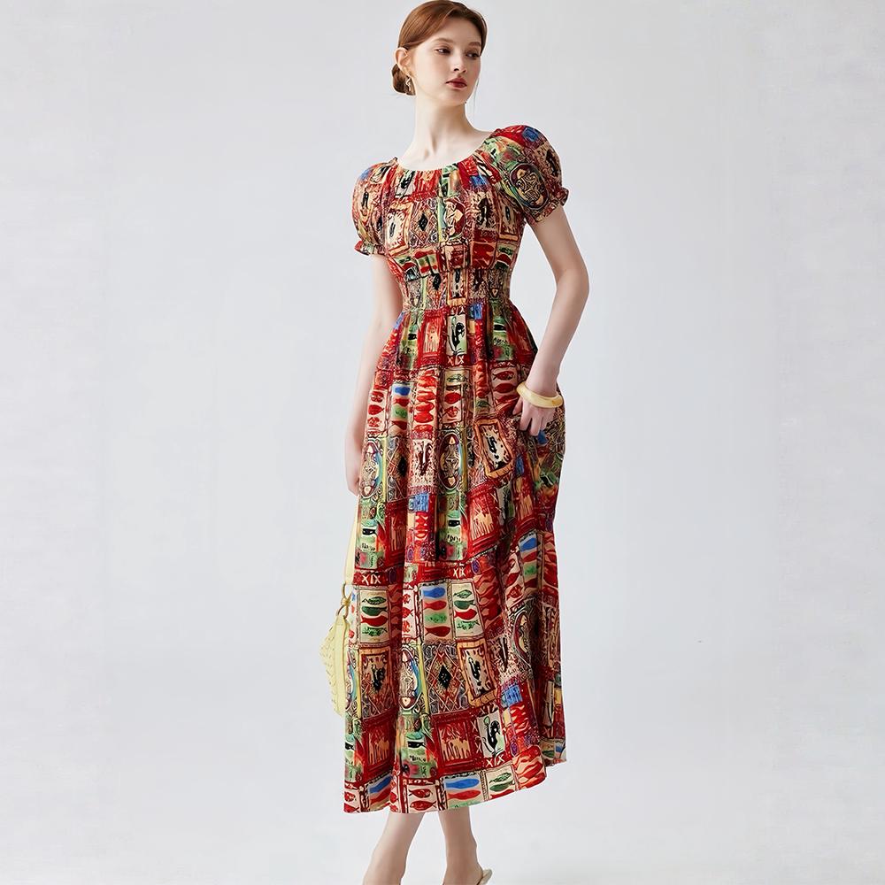 Bohemian Cotton-Silk Floral Printted Off-the-Shoulder French-Style Summer Dress for Women Ethnic-Style Elastic Waistband Pleayed Long Dress