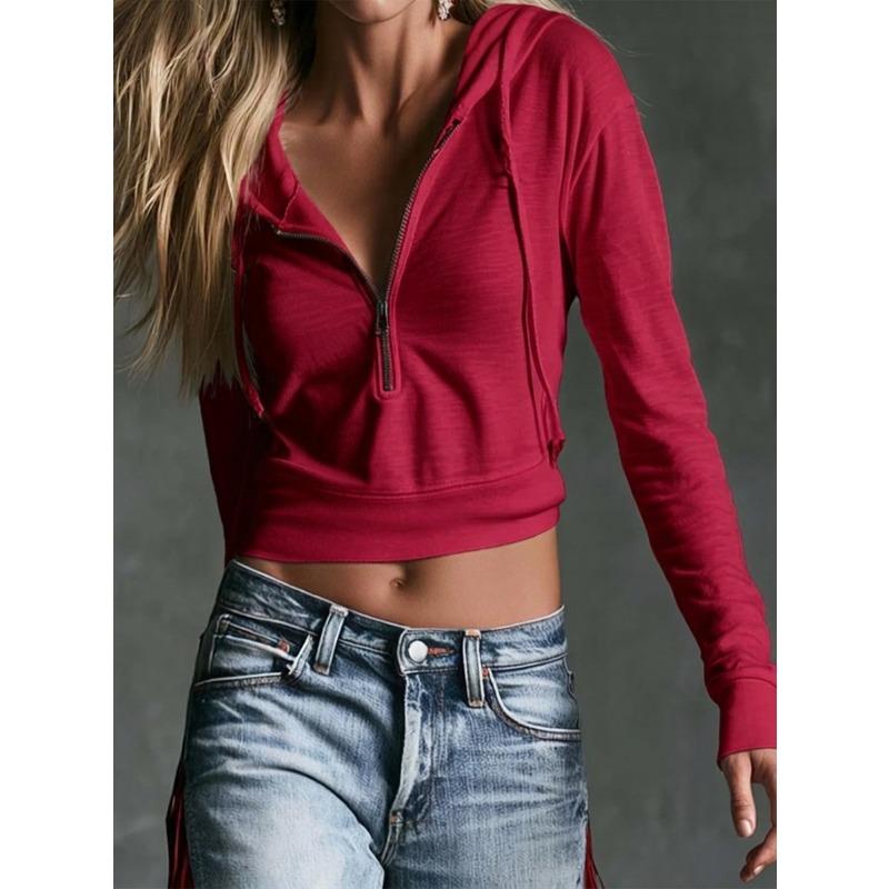 Damen S Cropped Kapuzen V-Ausschnitt Reißverschluss Lässig Street Sweatshirt