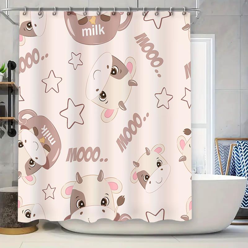 

Cute Cartoon Animal Print Shower Curtain For Bathroom Decor Home Decoration Waterproof Fabric Size 180X180Cm Pink Cow Milk Patte W60H190(CM)-1 Pcs