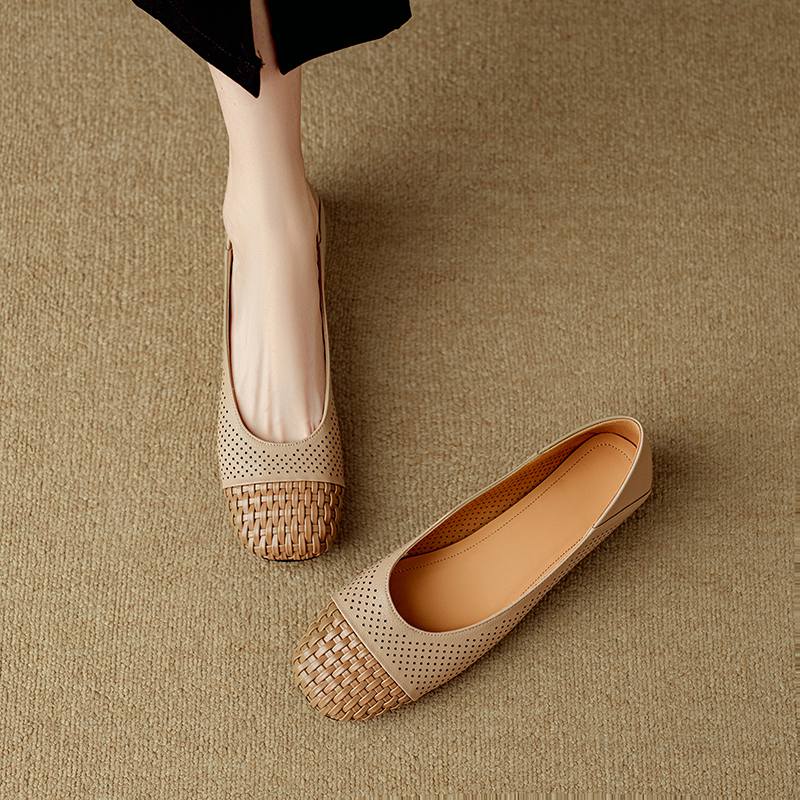 Krazing Pot Cow Skin Weaving Summer Size 41 Low Heels Party Shoes Women Square Toe Gladiator Mixed Color Hollow Out Pumps