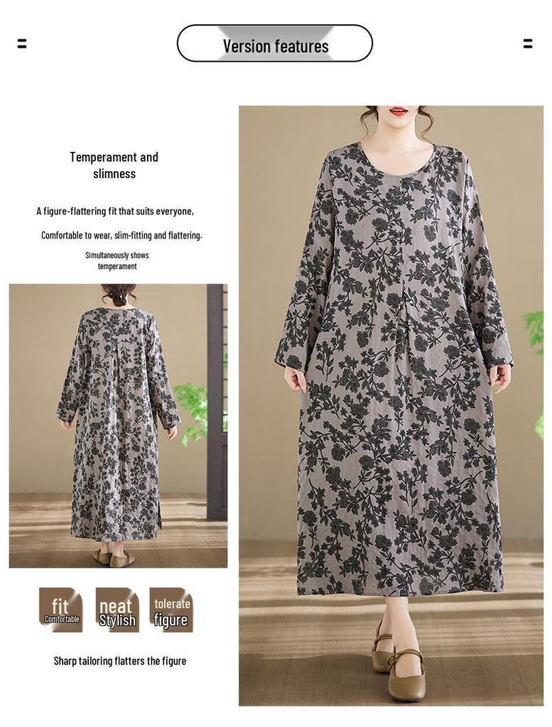 In-Stock Printed Cotton Plus Size Long-Sleeve Women's Dress with Round Neckline