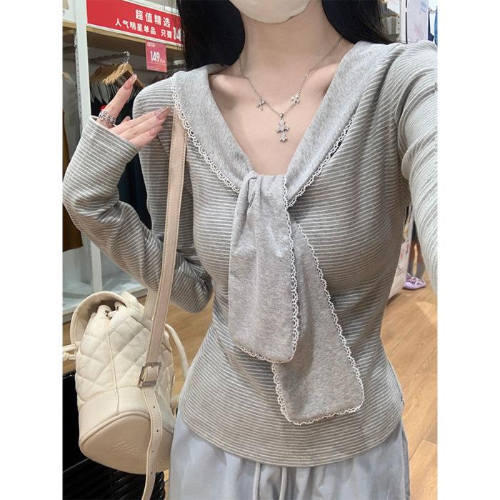 [Refreshing Rib] Grey Striped Lace Splicing V-Neck Long Sleeve Women s Autumn Slim Lace-up Inner Bottom Shirt XL серый