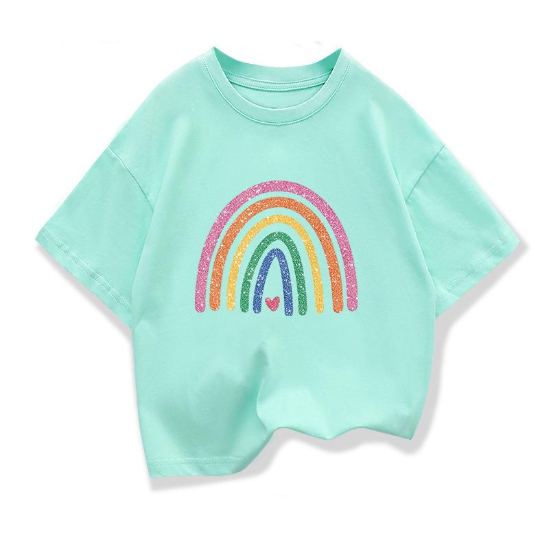 Baby Girl Summer White Clothes Kid Girls Casual Rainbow Printed Tshirts Children Fashion Crew Neck Short Sleeve Top