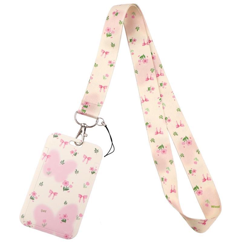 Cute Bow Pattern Lanyard with Clear ID Badge Holder Detachable Durable Strap for Outdoor Activity Pass Office Work Use