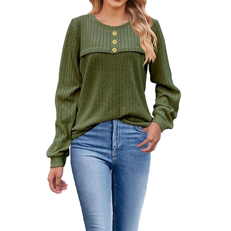 Autumn Winter Round Neck Solid Pullover T-shirt Women Vintage Long Sleeve Buttons All-match Patchwork Tee Top