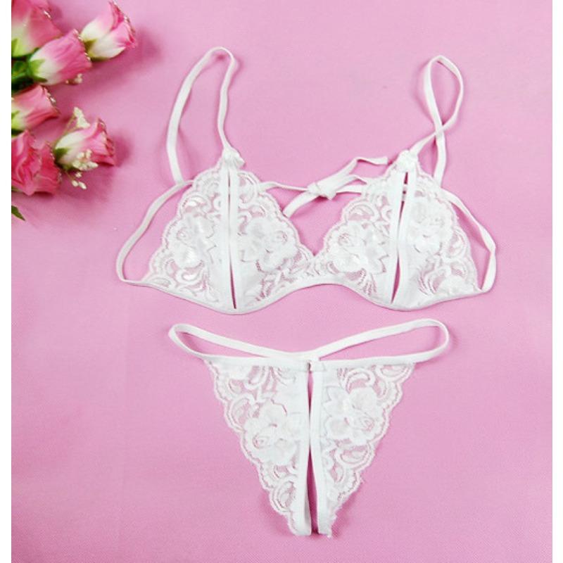 Women's Open-file Sexy Lace Transparent, Three-point Erotic Underwear Open-crotch Panties Seduction Set