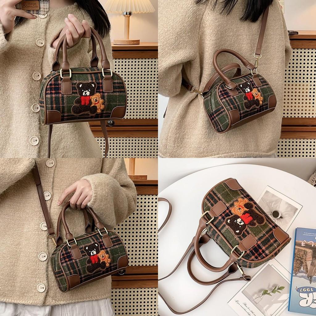 Artistic Retro Small Bear Embroidery Check Pattern Handbag For Outings Casual