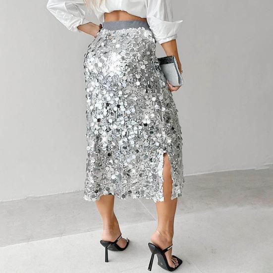 Women Skirt High Waist Sexy Hip-Hugging Sequin Glitter Skirt Solid Color Mid-calf Length Hip Wrapped Skirt Slimming Design Wedding Clubwear