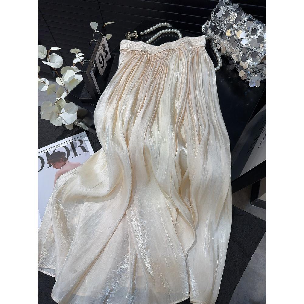 Retro Style Fashionable Pleated Drooping Slimming High Waist A- Line Skirt High-Grade Glossy Pearlescent Chiffon Pleated Skirt