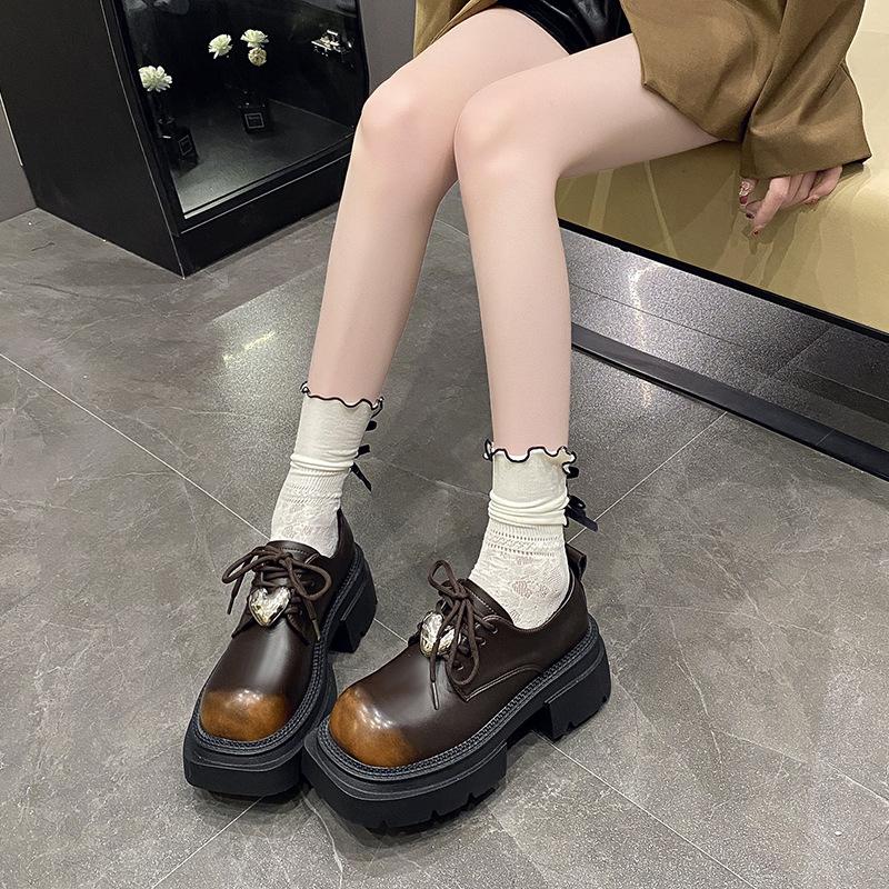 

Hongkai platform small leather shoes women s soft leather spring and summer new black British style fashion versatile loafers single shoes 40 коричневий