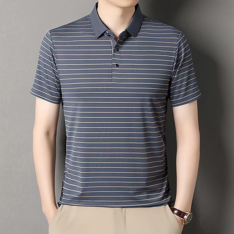 

Высококачественная легкая роскошная тонкая футболка мужская полосатая рубашка поло с лацканами из шелка Mulberry с коротким рукавом 4XL