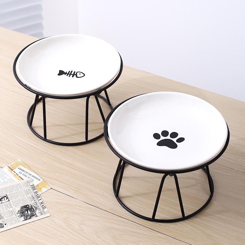 Creative Ceramic Pet Bowl with Stand - Cat Paw & Fish Bone Design for Cats and Dogs