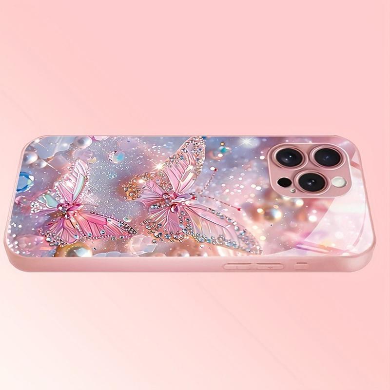 Luxury Butterfly Pearl Pattern Pink Metallic Paint Glass Phone Case For iPhone 11 12 13 14 15 16 17 Pro Max Plus 16E 17Air Cover