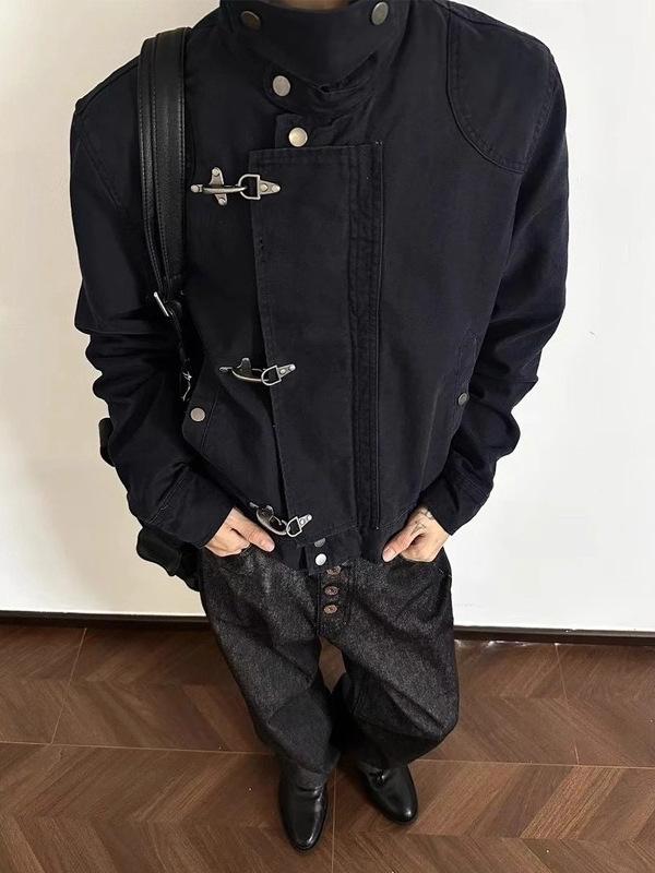 Vintage Distressed Aircraft Buckle Lapel Jacket, Unisex Spring/Autumn Retro Short Wide Workwear Style