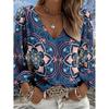 Lady Bohemian Retro Western Style V-Neck Shirt - Lantern Sleeve Top, suitable for casual wear, vacations and daily outfits