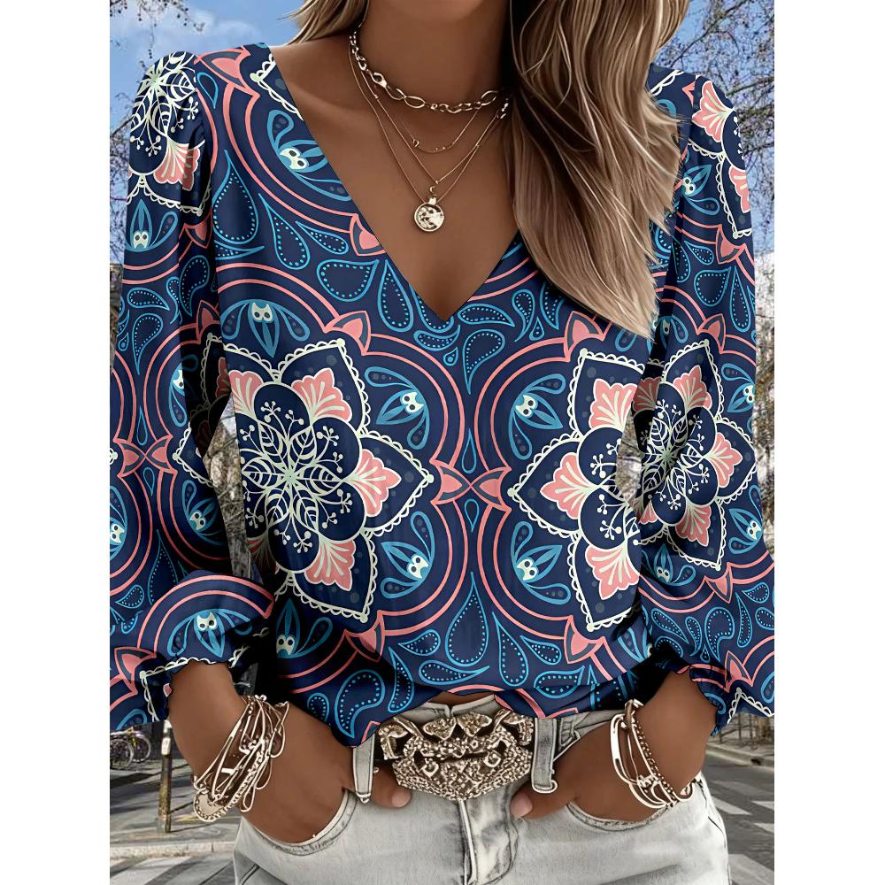 

Lady Bohemian Retro Western Style V-Neck Shirt - Lantern Sleeve Top, suitable for casual wear, vacations and daily outfits XXL