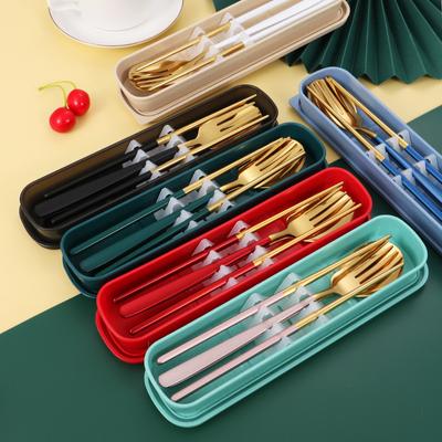 Conjunto de talheres portáteis com alça quadrada de aço inoxidável, conjunto de três peças para estudantes, garfo e colher, incluindo pauzinhos, talheres para viagem ao ar livre, presente