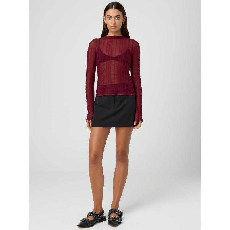 Dámský sexy top s průstřihy, kulatým výstřihem, jednobarevný, průsvitný, s dlouhým rukávem